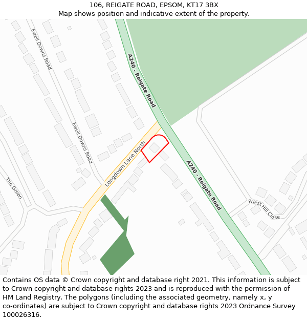 106, REIGATE ROAD, EPSOM, KT17 3BX: Location map and indicative extent of plot