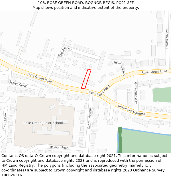 106, ROSE GREEN ROAD, BOGNOR REGIS, PO21 3EF: Location map and indicative extent of plot