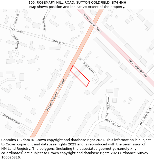 106, ROSEMARY HILL ROAD, SUTTON COLDFIELD, B74 4HH: Location map and indicative extent of plot