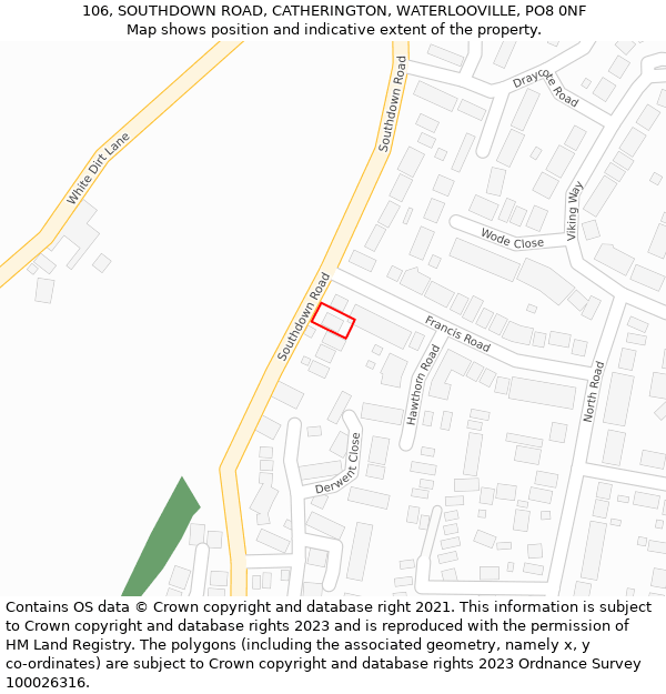 106, SOUTHDOWN ROAD, CATHERINGTON, WATERLOOVILLE, PO8 0NF: Location map and indicative extent of plot