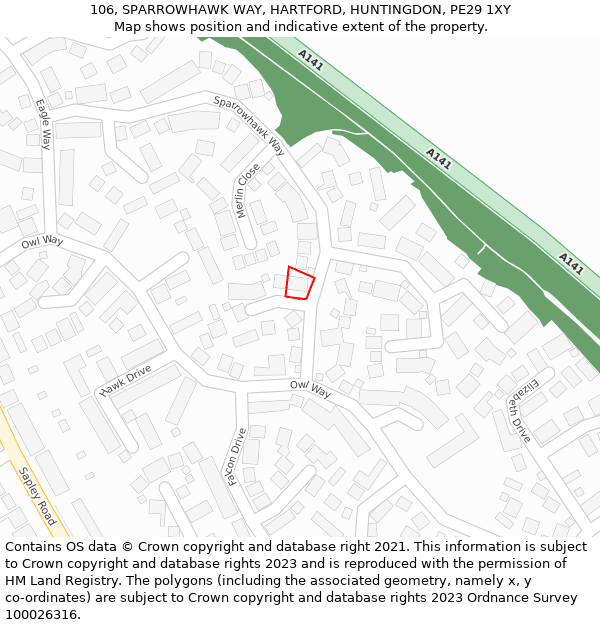 106, SPARROWHAWK WAY, HARTFORD, HUNTINGDON, PE29 1XY: Location map and indicative extent of plot