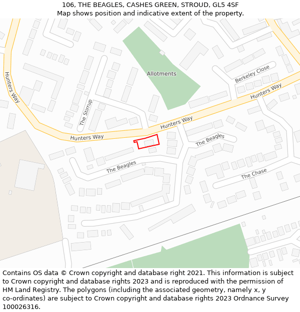 106, THE BEAGLES, CASHES GREEN, STROUD, GL5 4SF: Location map and indicative extent of plot