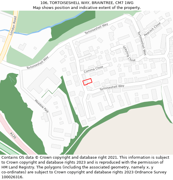 106, TORTOISESHELL WAY, BRAINTREE, CM7 1WG: Location map and indicative extent of plot