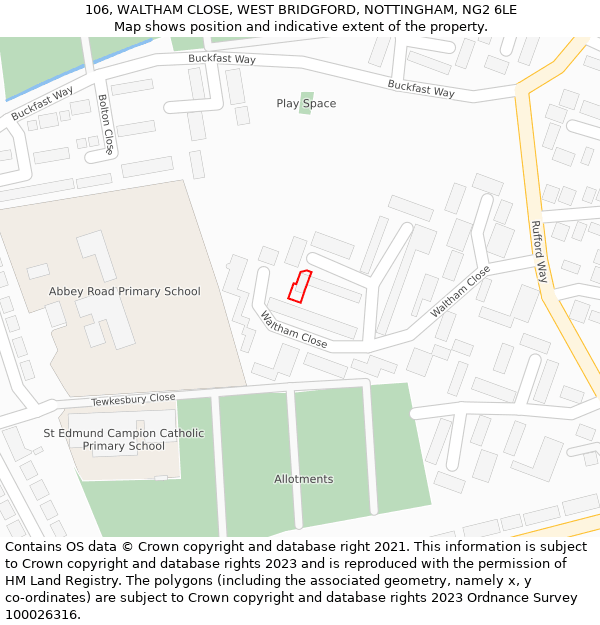 106, WALTHAM CLOSE, WEST BRIDGFORD, NOTTINGHAM, NG2 6LE: Location map and indicative extent of plot