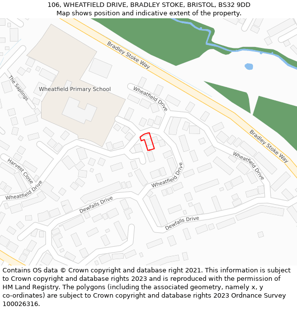 106, WHEATFIELD DRIVE, BRADLEY STOKE, BRISTOL, BS32 9DD: Location map and indicative extent of plot