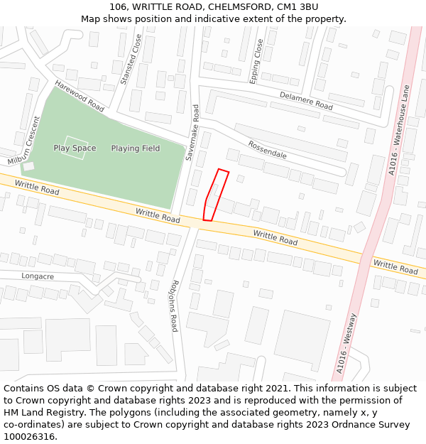 106, WRITTLE ROAD, CHELMSFORD, CM1 3BU: Location map and indicative extent of plot