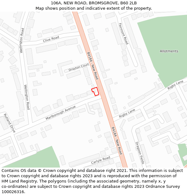 106A, NEW ROAD, BROMSGROVE, B60 2LB: Location map and indicative extent of plot