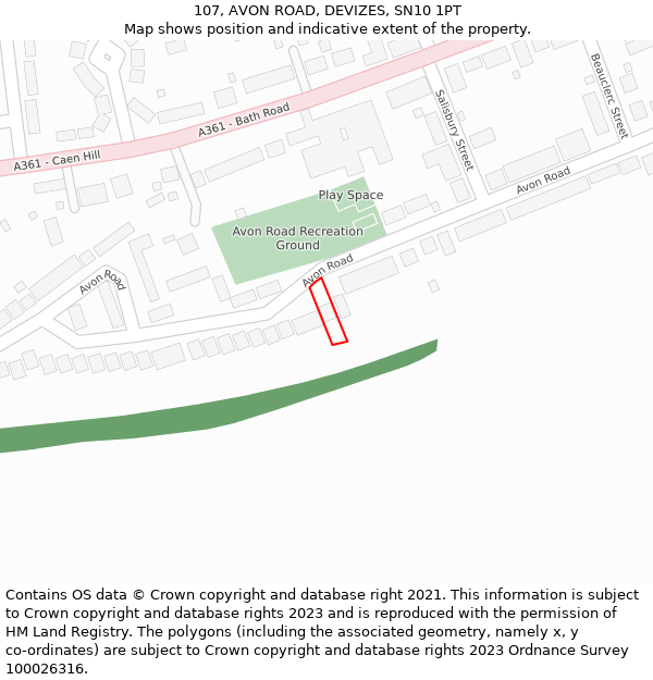 107, AVON ROAD, DEVIZES, SN10 1PT: Location map and indicative extent of plot