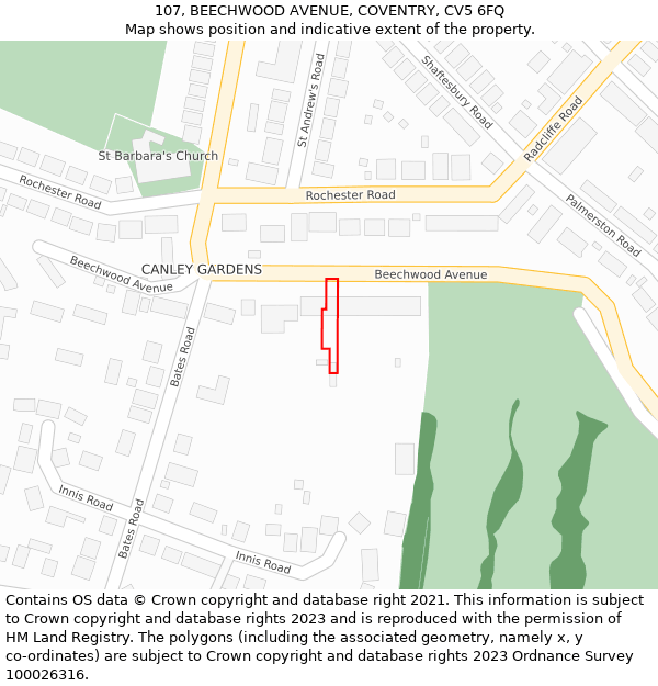 107, BEECHWOOD AVENUE, COVENTRY, CV5 6FQ: Location map and indicative extent of plot