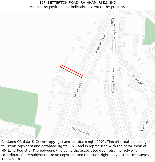 107, BETTERTON ROAD, RAINHAM, RM13 8ND: Location map and indicative extent of plot
