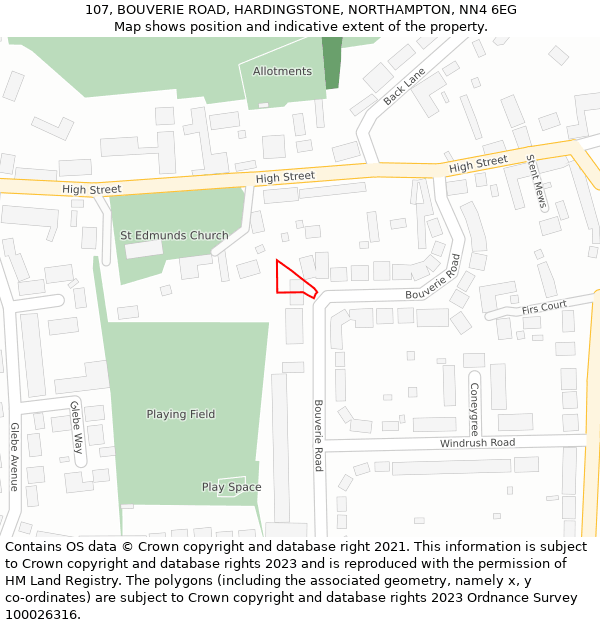107, BOUVERIE ROAD, HARDINGSTONE, NORTHAMPTON, NN4 6EG: Location map and indicative extent of plot