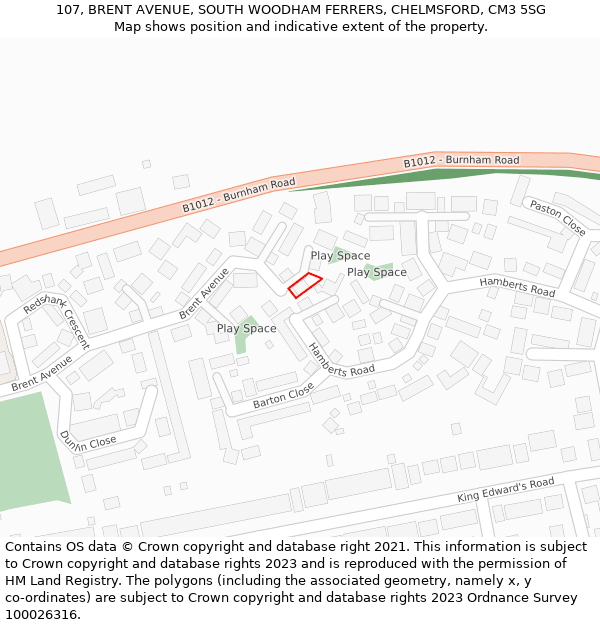 107, BRENT AVENUE, SOUTH WOODHAM FERRERS, CHELMSFORD, CM3 5SG: Location map and indicative extent of plot