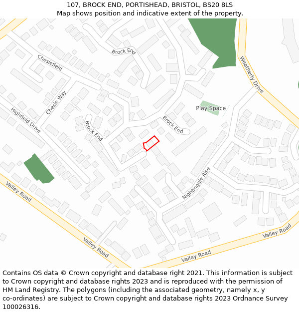 107, BROCK END, PORTISHEAD, BRISTOL, BS20 8LS: Location map and indicative extent of plot