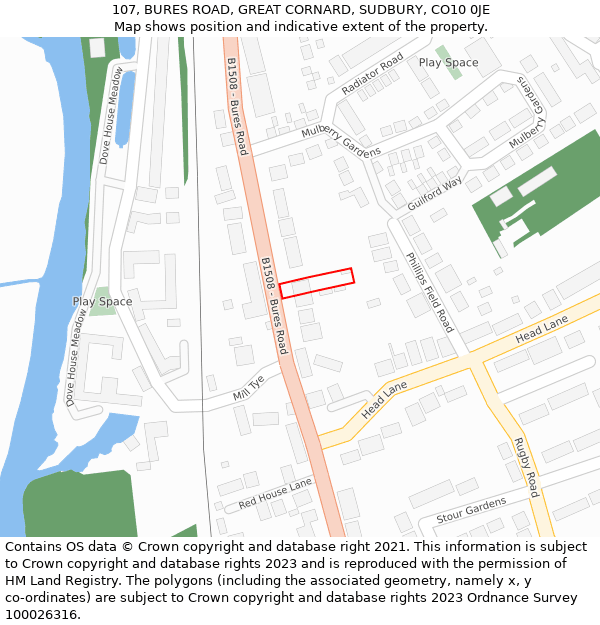 107, BURES ROAD, GREAT CORNARD, SUDBURY, CO10 0JE: Location map and indicative extent of plot