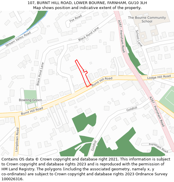 107, BURNT HILL ROAD, LOWER BOURNE, FARNHAM, GU10 3LH: Location map and indicative extent of plot