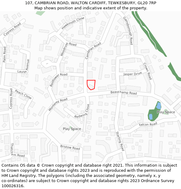 107, CAMBRIAN ROAD, WALTON CARDIFF, TEWKESBURY, GL20 7RP: Location map and indicative extent of plot