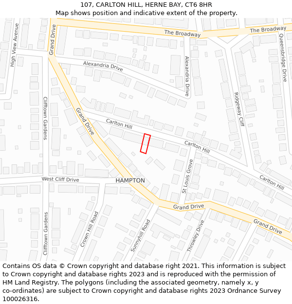 107, CARLTON HILL, HERNE BAY, CT6 8HR: Location map and indicative extent of plot