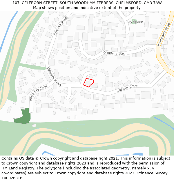 107, CELEBORN STREET, SOUTH WOODHAM FERRERS, CHELMSFORD, CM3 7AW: Location map and indicative extent of plot