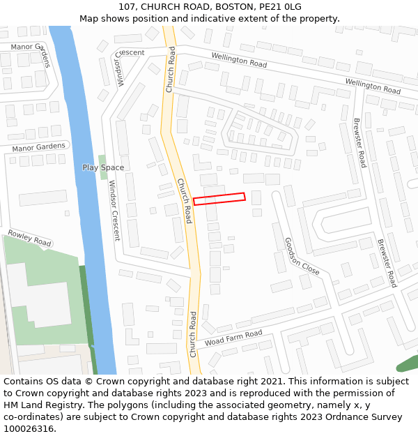 107, CHURCH ROAD, BOSTON, PE21 0LG: Location map and indicative extent of plot