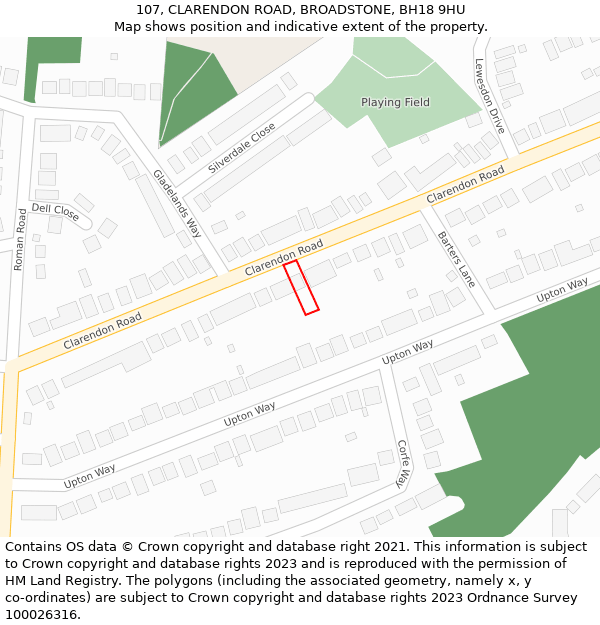 107, CLARENDON ROAD, BROADSTONE, BH18 9HU: Location map and indicative extent of plot
