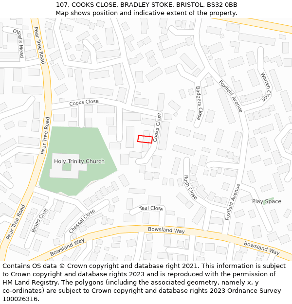 107, COOKS CLOSE, BRADLEY STOKE, BRISTOL, BS32 0BB: Location map and indicative extent of plot