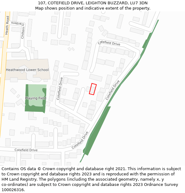 107, COTEFIELD DRIVE, LEIGHTON BUZZARD, LU7 3DN: Location map and indicative extent of plot