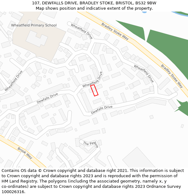 107, DEWFALLS DRIVE, BRADLEY STOKE, BRISTOL, BS32 9BW: Location map and indicative extent of plot