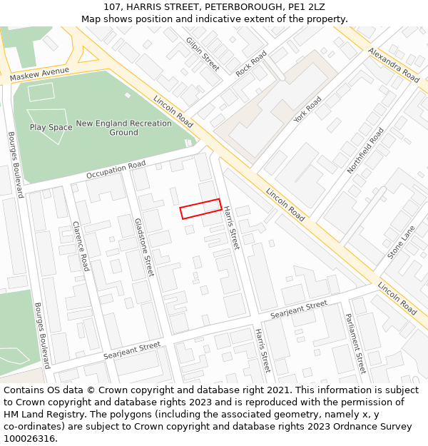 107, HARRIS STREET, PETERBOROUGH, PE1 2LZ: Location map and indicative extent of plot