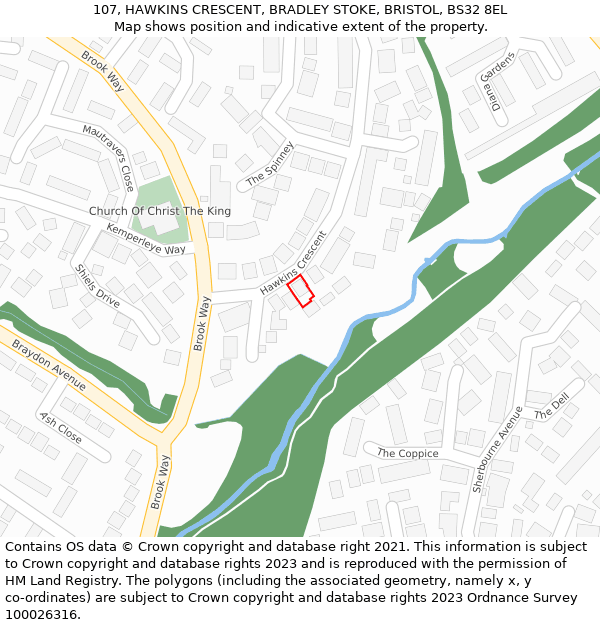 107, HAWKINS CRESCENT, BRADLEY STOKE, BRISTOL, BS32 8EL: Location map and indicative extent of plot