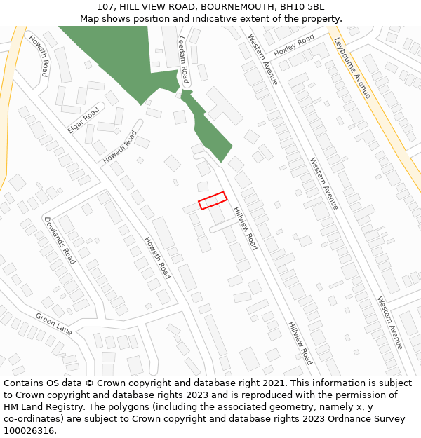 107, HILL VIEW ROAD, BOURNEMOUTH, BH10 5BL: Location map and indicative extent of plot