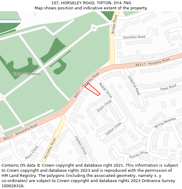 107, HORSELEY ROAD, TIPTON, DY4 7NG: Location map and indicative extent of plot