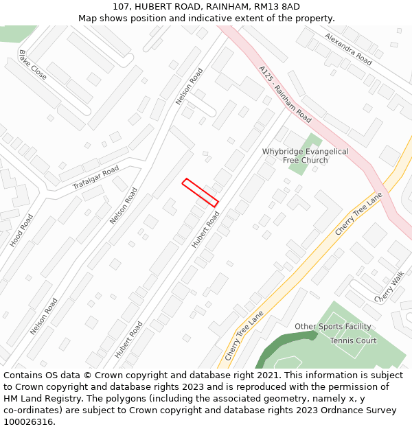 107, HUBERT ROAD, RAINHAM, RM13 8AD: Location map and indicative extent of plot