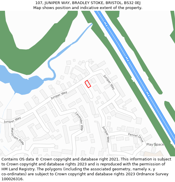 107, JUNIPER WAY, BRADLEY STOKE, BRISTOL, BS32 0EJ: Location map and indicative extent of plot