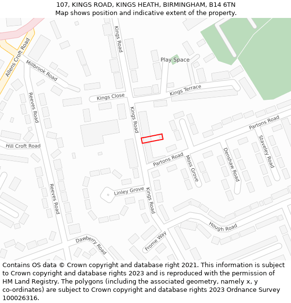 107, KINGS ROAD, KINGS HEATH, BIRMINGHAM, B14 6TN: Location map and indicative extent of plot