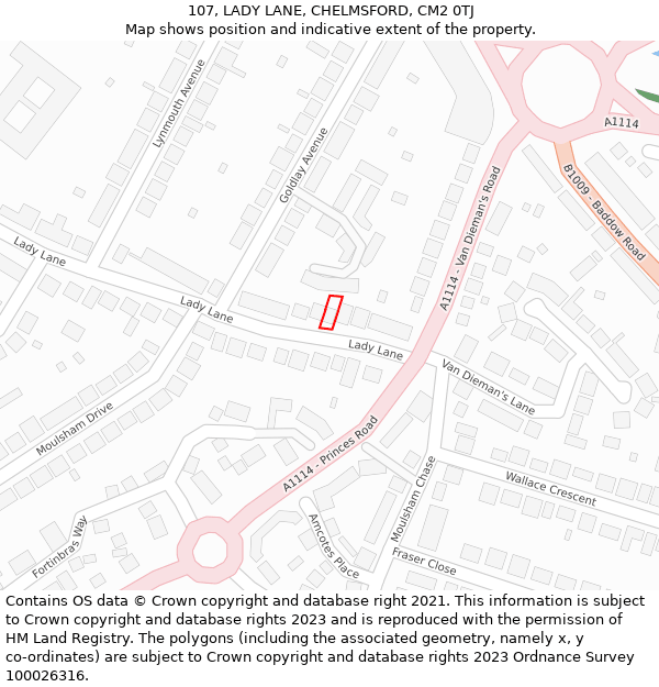 107, LADY LANE, CHELMSFORD, CM2 0TJ: Location map and indicative extent of plot