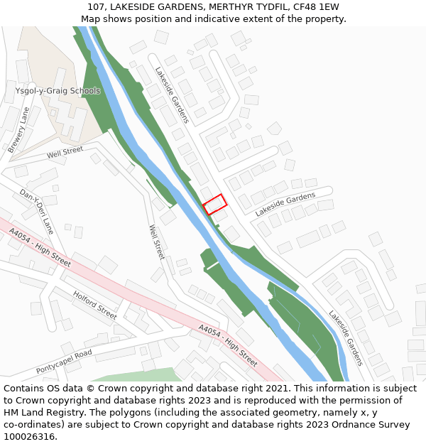 107, LAKESIDE GARDENS, MERTHYR TYDFIL, CF48 1EW: Location map and indicative extent of plot