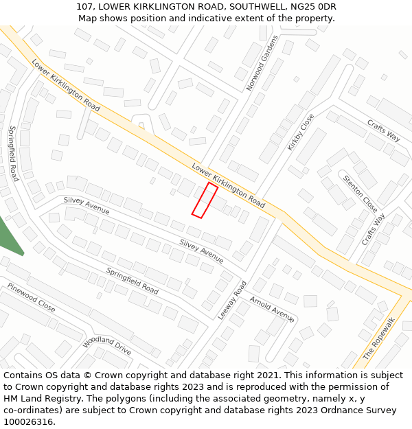 107, LOWER KIRKLINGTON ROAD, SOUTHWELL, NG25 0DR: Location map and indicative extent of plot