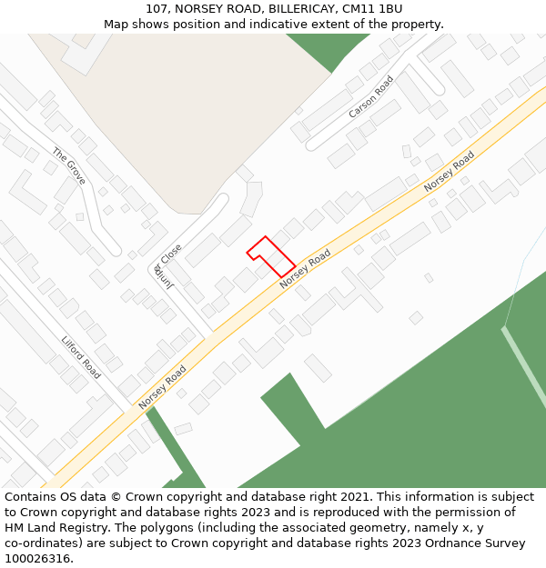 107, NORSEY ROAD, BILLERICAY, CM11 1BU: Location map and indicative extent of plot