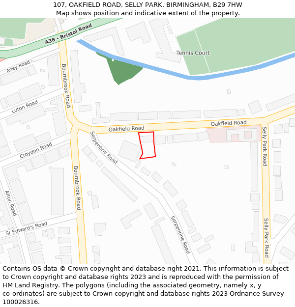 107, OAKFIELD ROAD, SELLY PARK, BIRMINGHAM, B29 7HW: Location map and indicative extent of plot