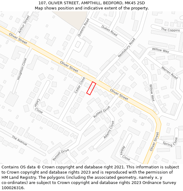 107, OLIVER STREET, AMPTHILL, BEDFORD, MK45 2SD: Location map and indicative extent of plot