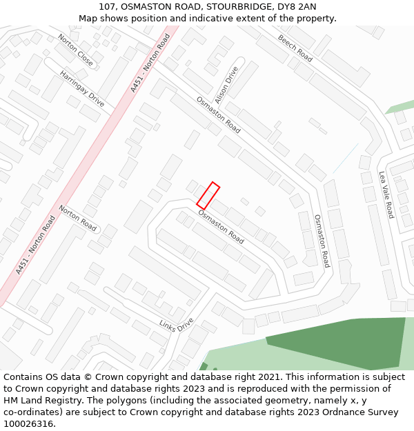 107, OSMASTON ROAD, STOURBRIDGE, DY8 2AN: Location map and indicative extent of plot