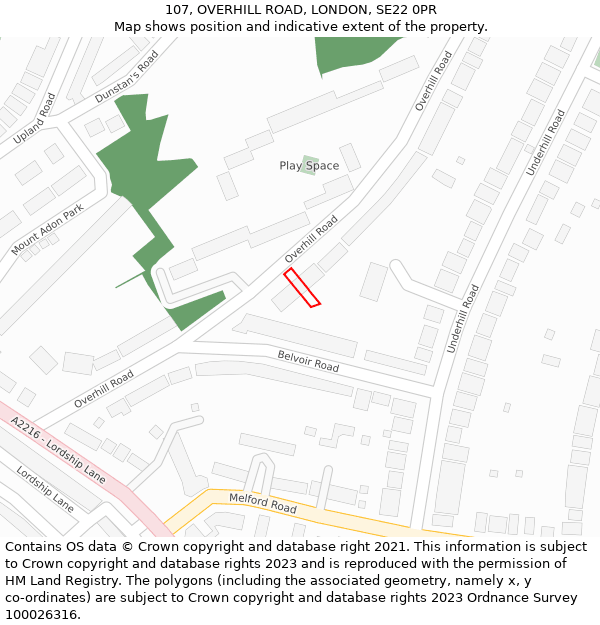 107, OVERHILL ROAD, LONDON, SE22 0PR: Location map and indicative extent of plot