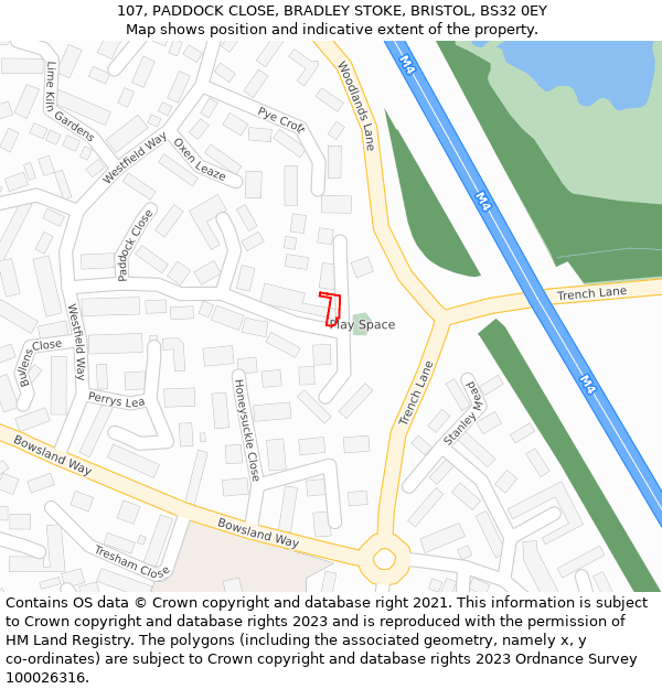 107, PADDOCK CLOSE, BRADLEY STOKE, BRISTOL, BS32 0EY: Location map and indicative extent of plot