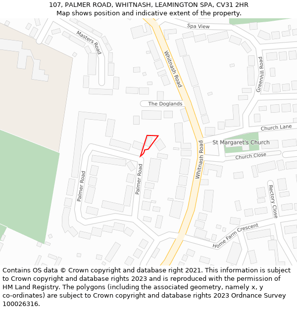 107, PALMER ROAD, WHITNASH, LEAMINGTON SPA, CV31 2HR: Location map and indicative extent of plot