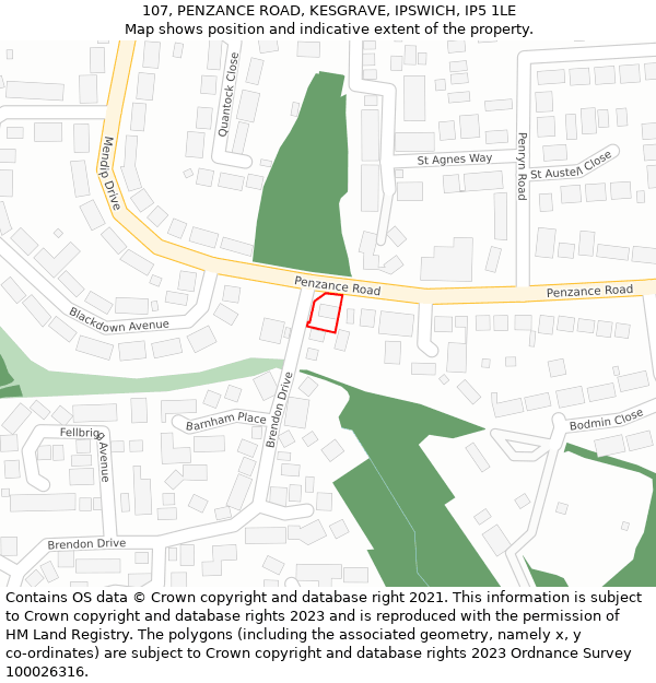 107, PENZANCE ROAD, KESGRAVE, IPSWICH, IP5 1LE: Location map and indicative extent of plot