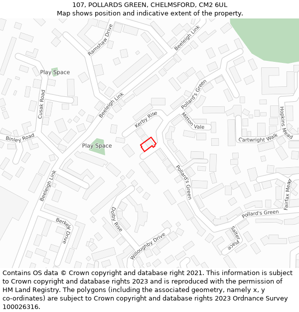 107, POLLARDS GREEN, CHELMSFORD, CM2 6UL: Location map and indicative extent of plot