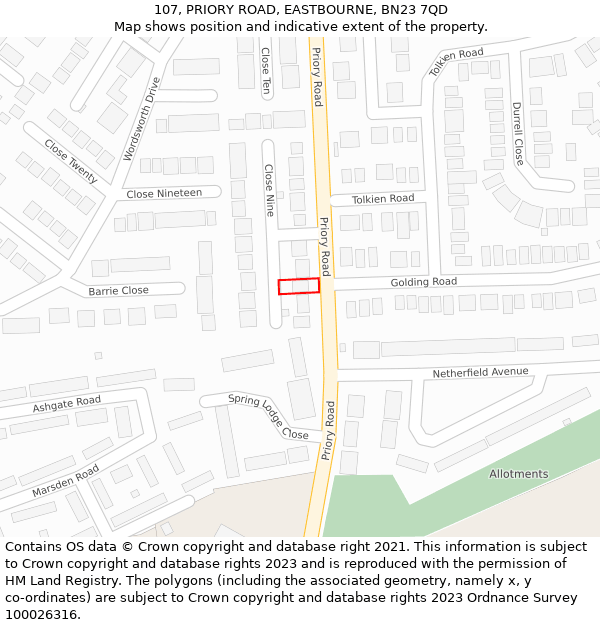 107, PRIORY ROAD, EASTBOURNE, BN23 7QD: Location map and indicative extent of plot