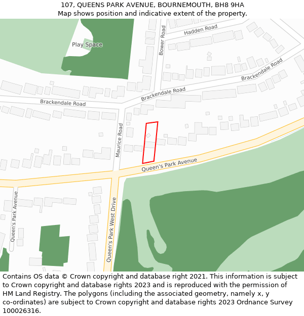 107, QUEENS PARK AVENUE, BOURNEMOUTH, BH8 9HA: Location map and indicative extent of plot