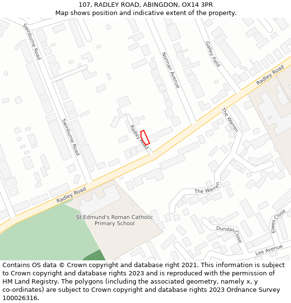107, RADLEY ROAD, ABINGDON, OX14 3PR: Location map and indicative extent of plot