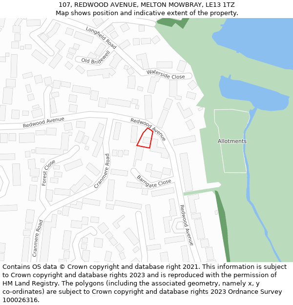 107, REDWOOD AVENUE, MELTON MOWBRAY, LE13 1TZ: Location map and indicative extent of plot